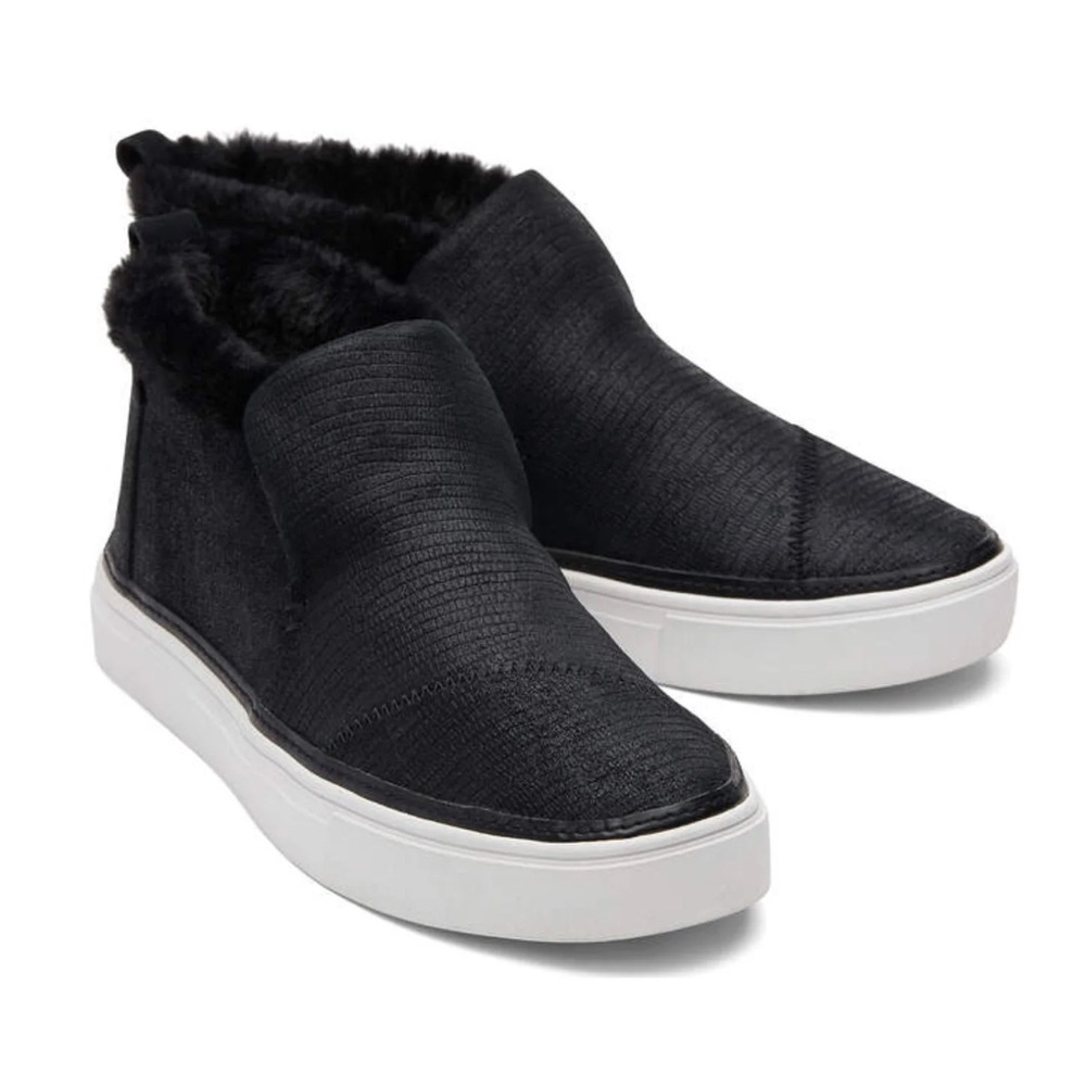 Tom’s Paxton black lizard leather/faux fur lined slip on platform sneakers